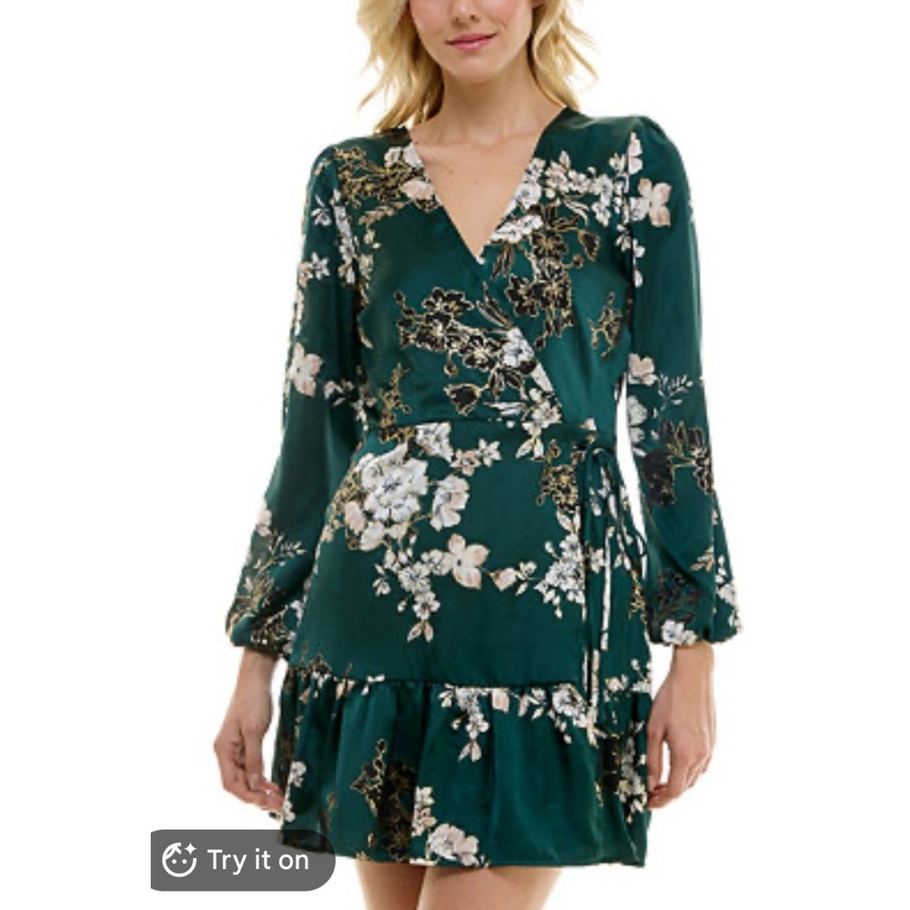 Speechless Mini Dress XS Emerald/Gold Floral Faux Wrap Dark Romance Whimsigoth